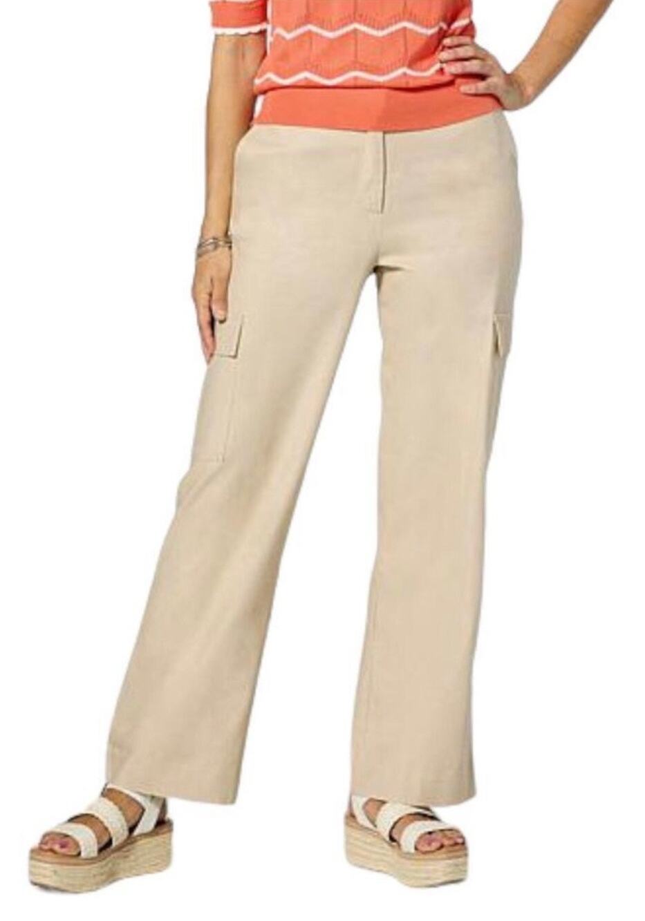 Jaclyn Smith Stretch Linen Blend Wide Leg Cargo Trouser Pants Tan Neutral Sz 1X